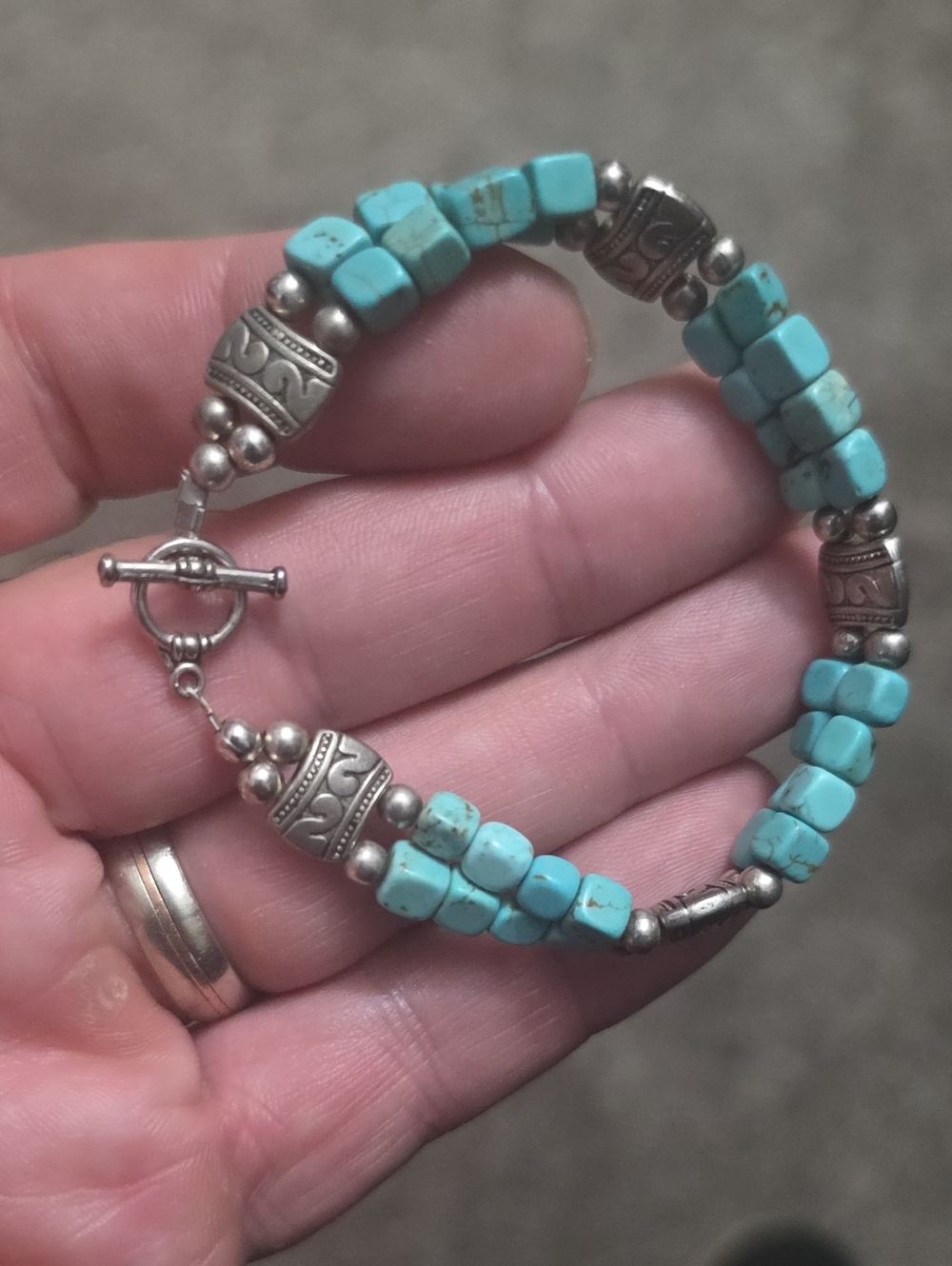 Handcrafted Turquoise Ans Silver Beaded Bracelet with Toggle Clasp